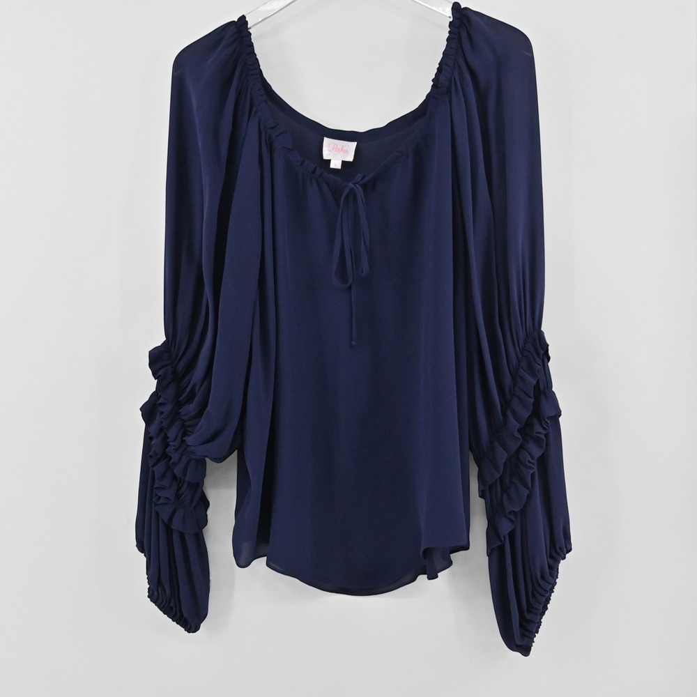 Parker Ruffle Sleeve Silk Blouse Womens Size L Navy Blue Boho Romantic OTS Top